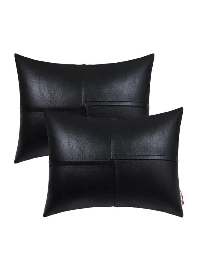 BRAWARM Faux Leather Throw Pillow Covers 12 X 20 Inches, Black Leather Lumbar Pillow Covers Pack of 2, Hand Stitched Leather Decorative Throw Pillows for Couch Sofa Bed Living Room Home Garden - Image 1